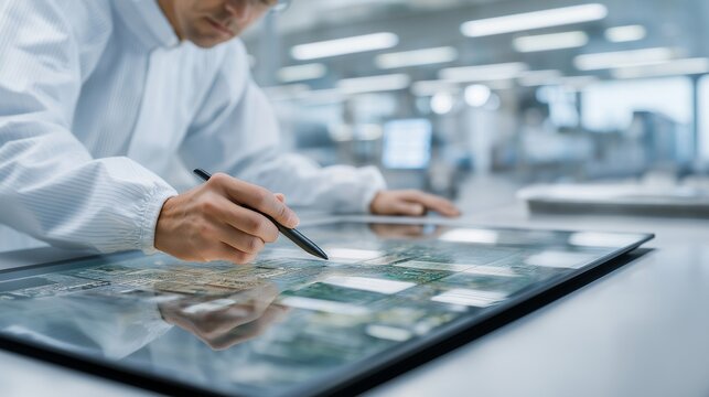 Wafer-thin semiconductor blueprint projected across a cleanroom workbench, an engineer in white coveralls tracing logic gate pathways with a stylus under cold fluorescent light, perfect for AI chip