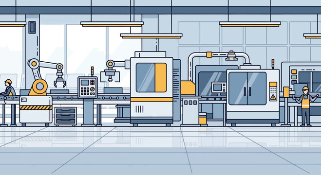 Modern Factory Interior with Robotic Arms and Automated Machinery - Industrial Automation