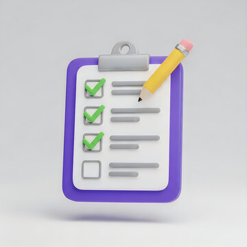 3d rendered purple clipboard with a checklist and a yellow pencil for task management.
