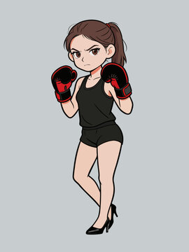 Cute cartoon female boxer posing in fighting stance