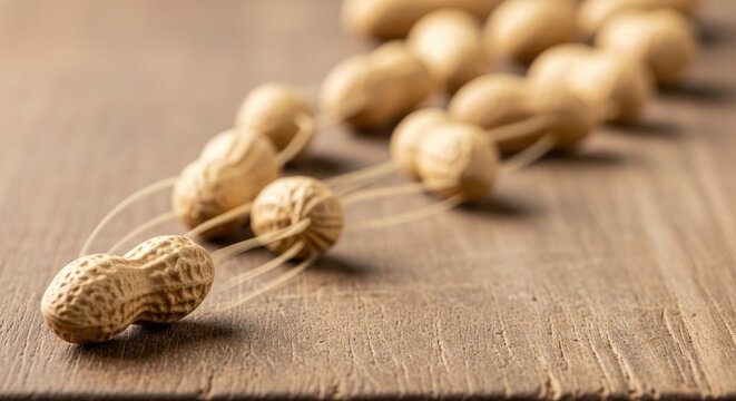 Close-up of peanuts on a wooden surface.