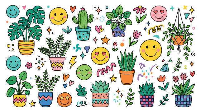 Assortment of cheerful cartoon potted plants and happy smiling emoji faces with vibrant colors and simple, friendly linework arranged in a lively pattern.