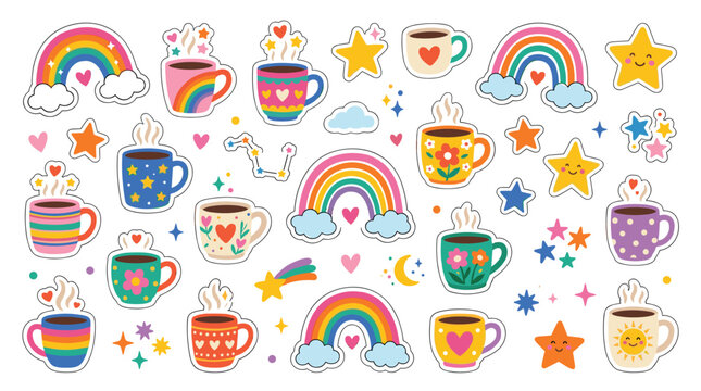 Playful arrangement of colorful, decorative coffee cups with steaming motifs, interspersed with bright rainbows, stars, and celestial shapes on a clean, light background.