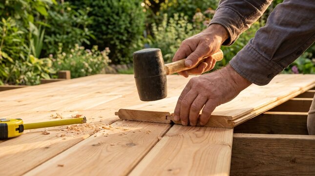 Hands building deck with wood and tools on a summer day outdoors