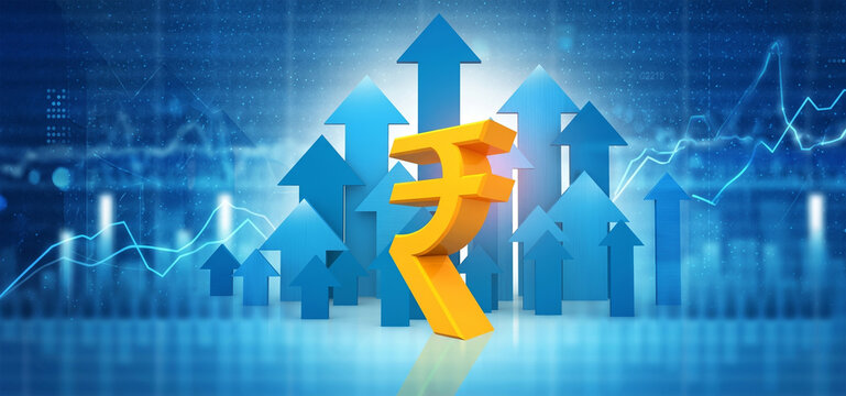 Indian rupee growth, financial market success, india economy development, business investment concept, rupee symbol background, financial profit graphic, economic success illustration

