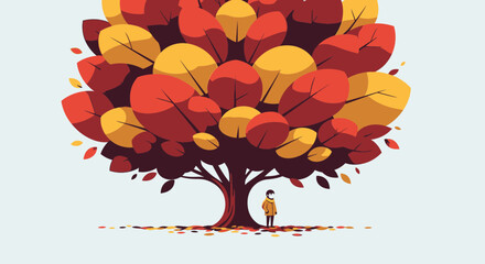 Autumn Tree with Child, Vibrant Fall Colors, Symbolic Growth and Season Change © Lina