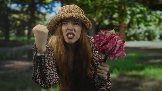 Redhead woman wearing straw hat and floral dress, clenched right fist raised while holding a large pink bouquet in a sunlit forest, scowling with bared teeth; defiance protest.