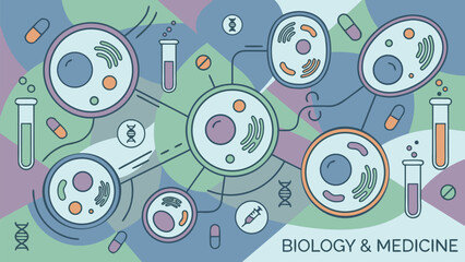 Fototapeta premium Abstract Biology and Medicine Background Featuring Stylized Microscopic Cells, DNA Helixes, Laboratory Test Tubes, Pills, and Syringes. Flat Vector Illustration for Science and Healthcare Design.