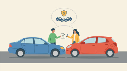 Obraz premium Two drivers exchanging insurance information after a minor car accident fender bender. Flat vector illustration of a man and woman with blue and red cars, claim form, and financial safety shield.