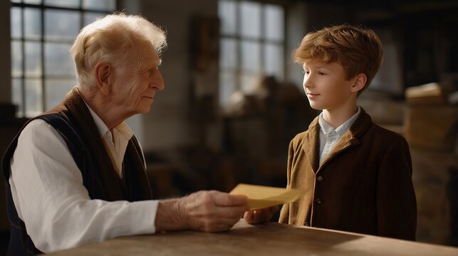 Elderly founder hands weathered ledger to young successor across antique oak desk, morning light streaming through dusty blinds, generational transfer of legacy business, ideal for succession