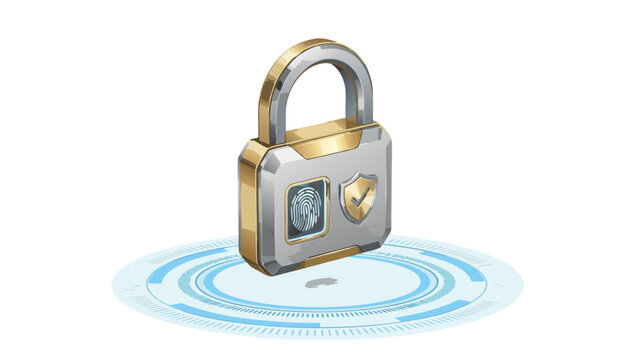3D Vector Illustration of a Modern Padlock with Biometric Fingerprint Scanner and Shield Icon for Security and Data Protection Concept, Metallic Gold and Silver Texture Isolated on White Background
