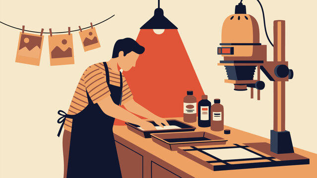 Professional photographer developing analog film photos in a darkroom, using chemical trays and an enlarger under a red safelight, traditional photography process flat vector illustration.