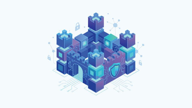 Isometric vector illustration of a digital fortress made of blockchain blocks, symbolizing cybersecurity, data protection, and decentralized network security with shield and lock icons.
