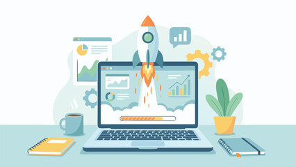 Naklejka premium Digital product launch concept with a stylized rocket taking off from a laptop screen, symbolizing business startup growth, marketing success, and innovation in a clean flat vector illustration.