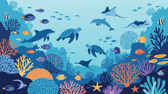 Flat Vector Illustration of a Vibrant Underwater Ocean Scene with a Colorful Coral Reef, Playful Dolphins, Sea Turtles, Manta Rays, and Diverse Tropical Fish Swimming in Deep Blue Water Habitat.