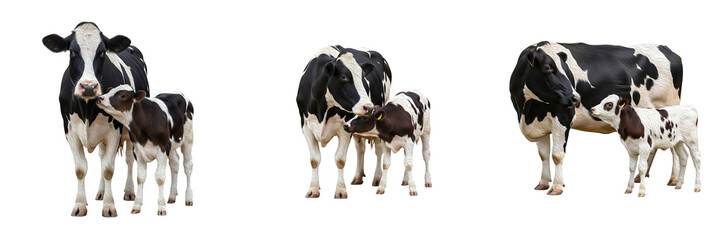 Cute Holstein Friesian cow mother with small baby calf set isolated on white background, domestic dairy farm animal family collection, adult dairy cow with newborn calf © Dynamic Shoots