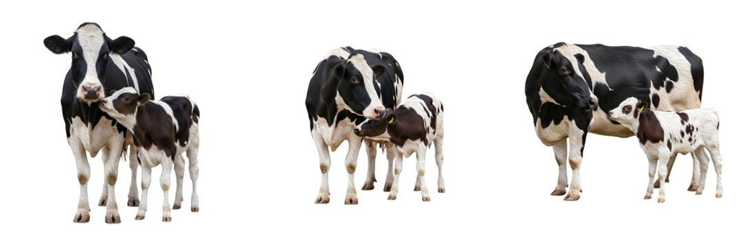 Cute Holstein Friesian cow mother with small baby calf set isolated on white background, domestic dairy farm animal family collection, adult dairy cow with newborn calf