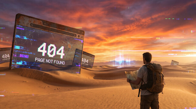 Explorer navigating an endless desert with a 404 Page Not Found background digital error at sunset