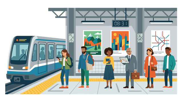 Diverse commuters anticipate boarding a sleek, modern train at a well-lit subway station, with colorful advertisements adorning the platform walls.