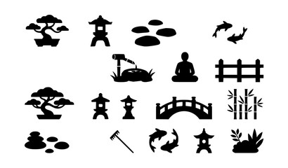 Fototapeta premium Zen garden outline icon collection with Japanese meditation and nature symbols