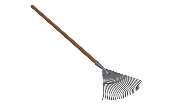Garden lawn rake with a long wooden handle isolated on white background