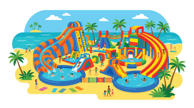 Children enjoy multiple twisting water slides and splash pools in a sunny tropical beach theme park with palm trees under a bright blue sky on a summer day.