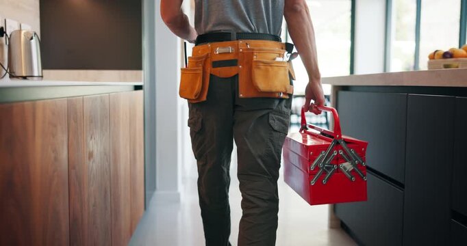 Back, man and plumber with toolbox in kitchen for inspection, maintenance and leaking pipe. Male person, technician and tools for appliance installation, plumbing system and household repair in home
