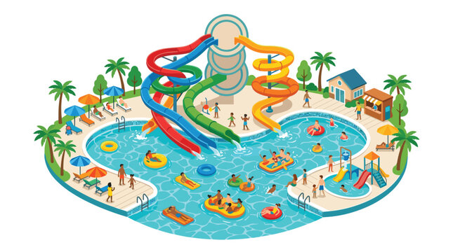 An isometric illustration of a crowded water park features multi-colored winding slides and swimming pools with people enjoying summer activities under a bright sun.