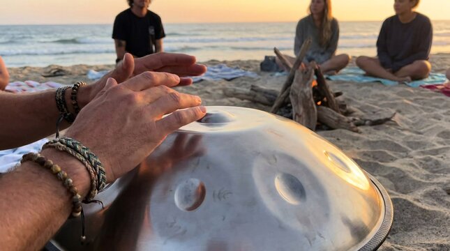 People play musical instrument on summer beach at sunset with ocean waves.