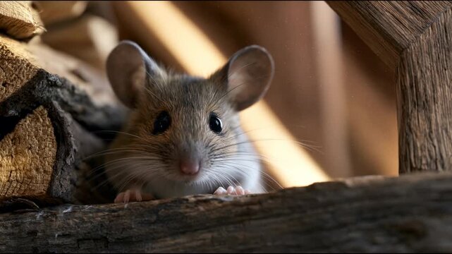 Hantavirus reservoir rodent or deer mouse looking out from wooden log pile