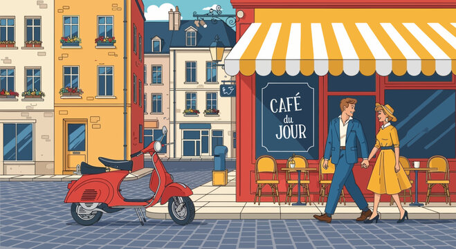 Couple Walking Past Parisian Cafe with Red Vespa Scooter