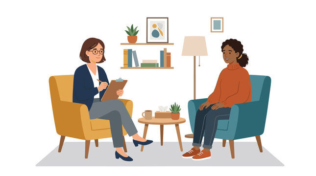 A professional therapist sits in a yellow chair taking notes on a clipboard while talking to a client in a blue armchair within a calm office workspace setting.