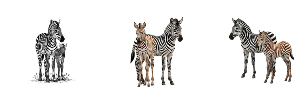 Cute zebra mother with baby foal set isolated on white background, African wildlife animal family collection, striped adult zebra and newborn foal for stock design