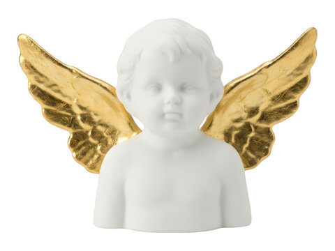 Porcelain cherub angel with gold wings isolated on transparent background