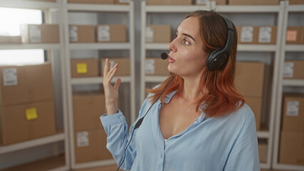 Naklejka premium Woman with headset pointing finger and speaking with open mouth among cardboard boxes on metal shelves in warehouse; professionalism customer service.
