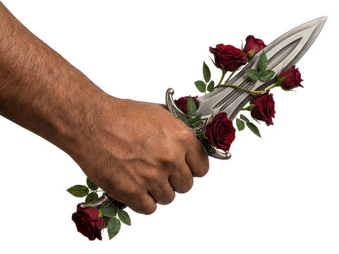 Hand gripping a dagger adorned with red roses isolated on transparent background