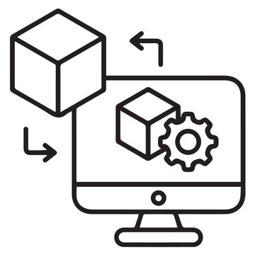 Vector icon of a computer monitor displaying a 3D cube model with a gear and processing arrows. High-quality linear outline design representing 3D printing setup, digital product development, CAD engi