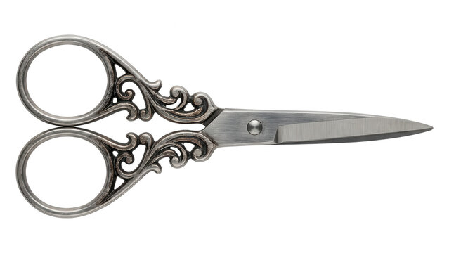 Ornate silver embroidery scissors isolated on transparent background