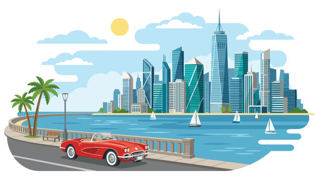 A vintage red sports car sits parked on a seaside road overlooking a modern glass skyscraper skyline and sailboats in the blue bay during a bright day.