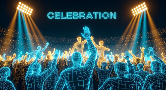 Virtual Celebration in Metaverse with Neon Wireframe Crowd | Digital Human Figures Cheering at Concert Event | Futuristic Stadium Lighting with Spotlights | Cybernetic Party and AI Social Gathering