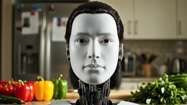 Humanoid robot stands in modern kitchen with fresh vegetables. Android in kitchen with bell peppers and herbs. Robot assistant near vegetables in kitchen. Humanoid with fresh produce display.