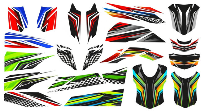 Collection of colorful racing decals and stickers for vehicles.