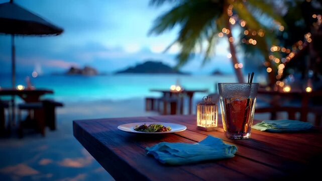Outdoor caf bar restaurant. A vivid, nighttime scene at a tropical beachfront restaurant. The main subject is a wooden table with a glass of iced tea and a plate of food, illuminated by a warm.