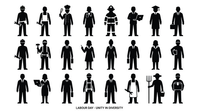 Labour day unity in diversity various occupations and professions vector silhouettes.