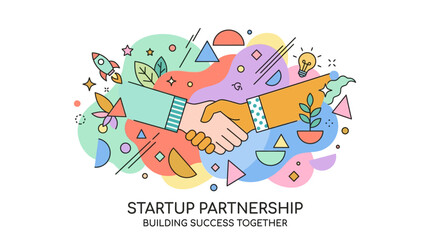 Obraz premium Startup partnership handshake with colorful abstract shapes and symbols representing business success and collaboration