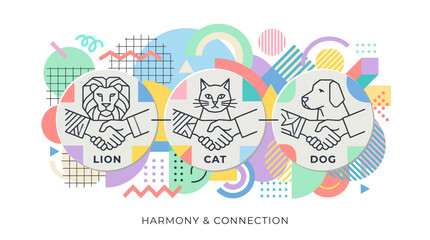 Obraz premium Animals shaking hands in harmony with colorful geometric background and urban feel