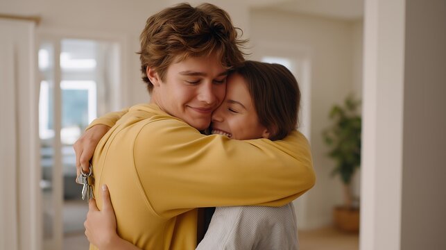 Young couple emotionally embracing in empty newly renovated living room, keys in hand, investor standing in doorway smiling, house flip buyer handover, spring closing day, residential purchase