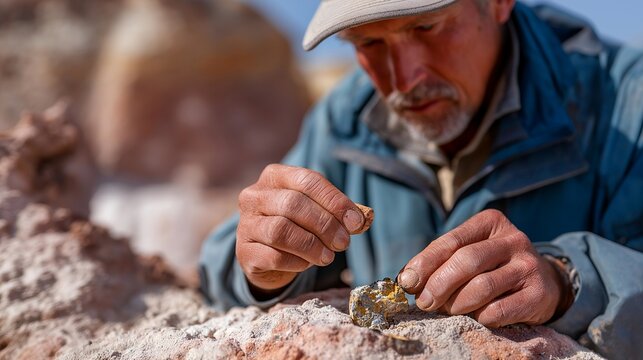 Paleontologist brushes sediment from partially exposed dinosaur vertebra embedded in red desert rock face, sweat visible under harsh afternoon sun, representing fossil excavation fieldwork,