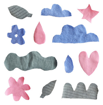 Cute pastel textile patches with clouds, flowers, and a heart on a transparent background. Handmade cotton fabric shapes for cozy nursery designs, kids stickers, and aesthetic scrapbooking.