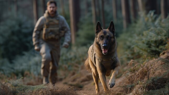Military working dog and uniformed handler moving through woodland obstacle course at dawn, Belgian Malinois in tactical vest responding to hand signals, K9 unit training, service animal